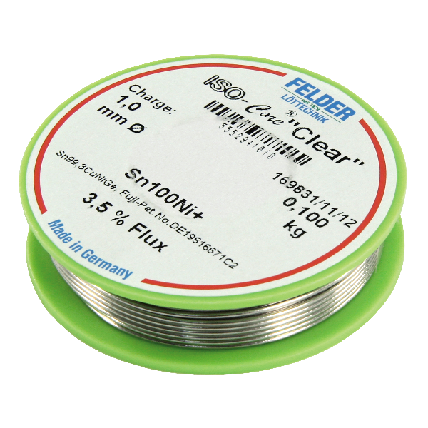 Lötzinn auf Rolle FELDER, ISO-Core "Clear", 1,0mm, 100g, bleifrei (Sn100%Ni+)