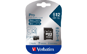 Micro SDXC Card Verbatim "PRO" 512GB, U3, Class 10, inkl. SD-Adapter