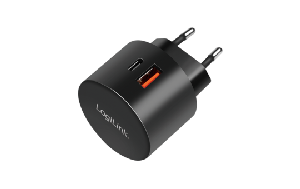 Dual-USB-Schnellladeadapter, 1x USB-C (PD), 1x USB-A (QC), 20 W, rund, schwarz