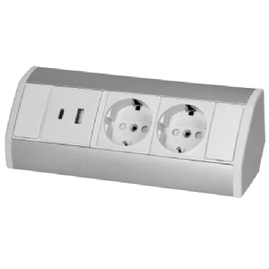 Steckdosenblock Aufbau, silber-weiß, 2-fach, 2x USB (Typ A+C), 3680W