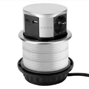 Tisch-Einbausteckdose Ø10cm, 3A, 3x Schuko, 2x USB A+C, silber, versenkbar