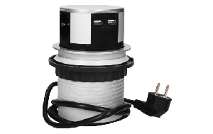 Tisch-Einbausteckdose Ø10cm, 4 fach, 2 USB 2,4A, silber- schwarz, versenkbar