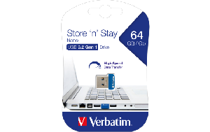 Nano USB-Stick Store n' Stay Verbatim, 64GB Speicher, Typ-A, extraflach, blau