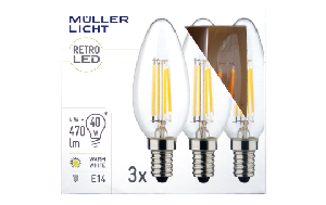 LED Filament Kerzenlampe, E14, 4W, 470lm, 2700K, warmweiß, 3er Set